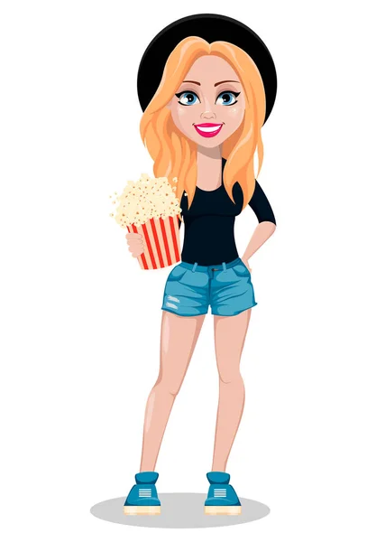 Hipster Kvinna Vacker Ung Flicka Modern Lady Innehav Popcorn Vektorillustration — Stock vektor