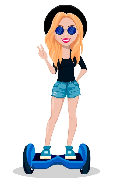 Hipster Woman Beautiful Young Girl Modern Lady Sunglasses Standing Gyroscooter — Stock Vector