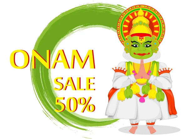 Kathakali dansçı. Mutlu Onam Festivali Güney Hindistan Kerala. Satılık, afiş veya reklam yeşil eleman ile beyaz arka plan üzerinde renkli vektör çizim