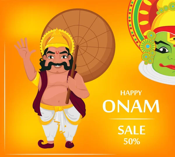 Kathakali dansçı ve Kral Mahabali. Mutlu Onam Festivali Güney Hindistan Kerala. Vektör çizim satış, reklam turuncu zemin üzerine