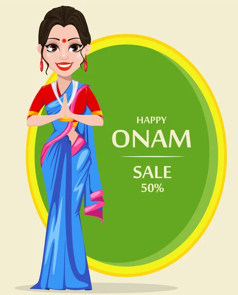 Bella Donna Indiana Happy Onam Festival Del Sud Dell India — Vettoriale Stock