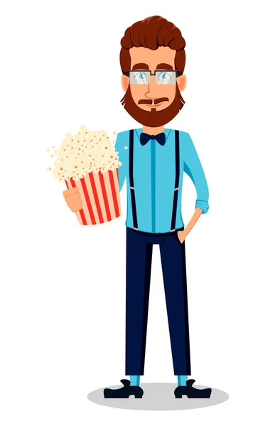 Młody Brodaty Hipster Mężczyzna Okularach Przystojny Cartoon Charakter Gospodarstwa Popcorn — Wektor stockowy