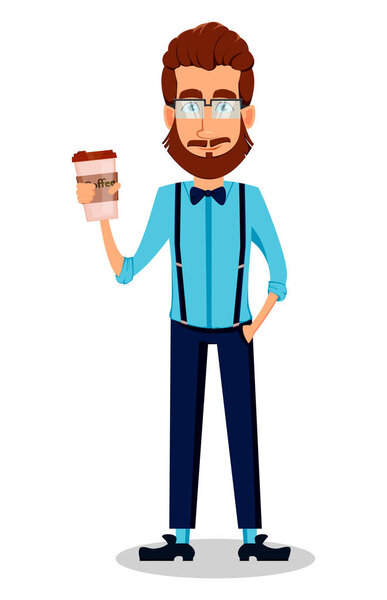 Young bearded hipster man in glasses. Handsome cartoon character holding coffee. Vector illustration on white background.
