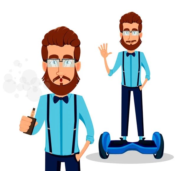 若い髭メガネ ポーズの設定で流行に敏感な人 Gyroscooter と喫煙電子タバコに乗ってのハンサムな漫画のキャラクター ベクトル図 — ストックベクタ
