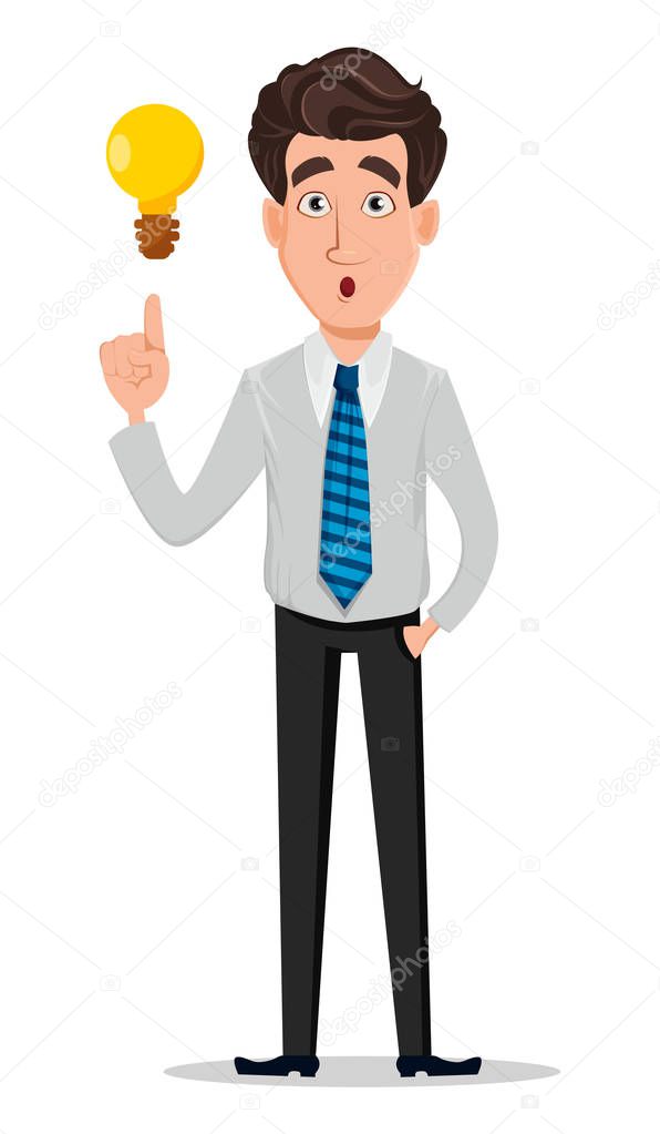 Business man in office style clothes. Businessman, banker, manager, cartoon character having a good idea. Vector illustration