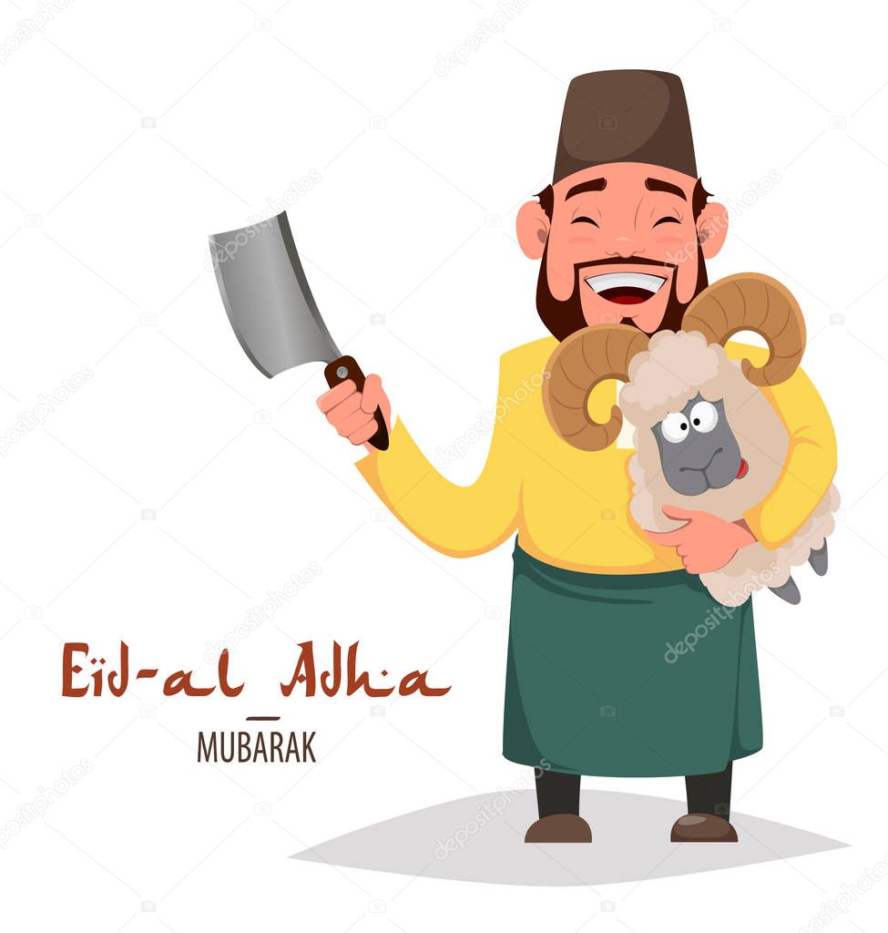 Muslim traditional holiday Eid al-Adha. Sacrifice a ram. Greeting card for Kurban Bayrami with Arabic man holding ram. Vector illustration on white background