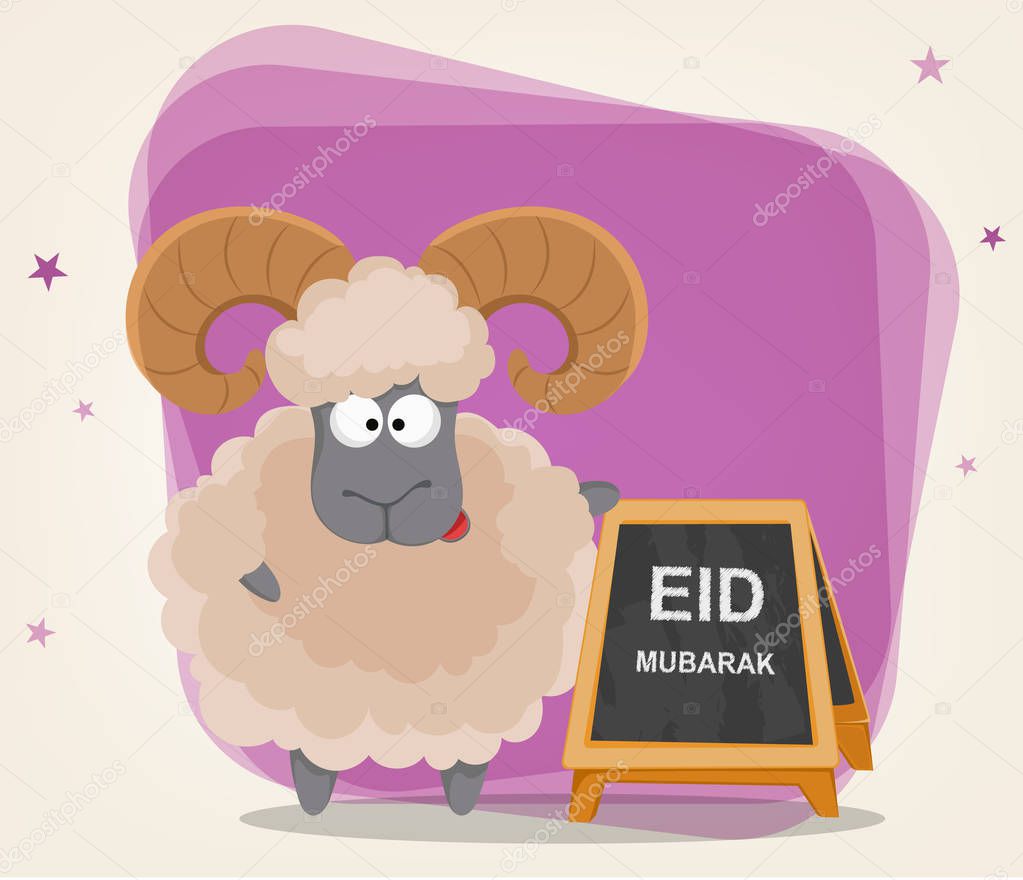 Festival of sacrifice Eid al-Adha. Traditional muslin holiday. Greeting card with funny ram standing near banner. Vector illustration on abstract violet background.