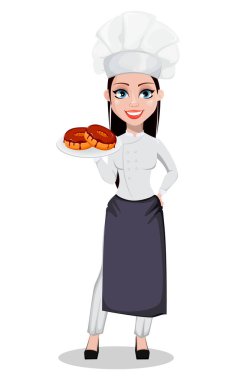 Çörek ile plaka tutarak profesyonel üniforma ve Şef şapkalı güzel baker kadın. Neşeli çizgi film karakteri. Beyaz arka plan üzerinde vektör çizim.