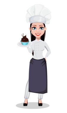 Çikolatalı pasta plaka üzerinde tutarak profesyonel üniforma ve Şef şapkalı güzel baker kadın. Neşeli çizgi film karakteri. Beyaz arka plan üzerinde vektör çizim.