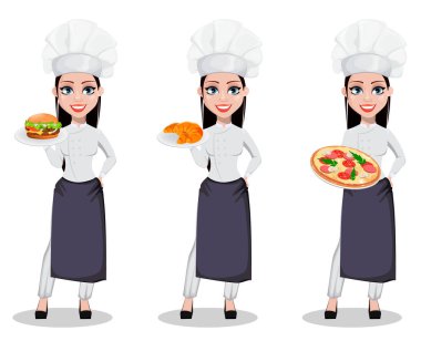 Güzel baker kadın profesyonel üniforma ve chef şapka, ayarla üç teşkil etmektedir. Çizburger holding, kruvasan holding ve pizza holding neşeli çizgi film karakteri. Vektör çizim