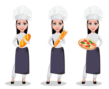 Güzel baker kadın profesyonel üniforma ve chef şapka, ayarla üç teşkil etmektedir. Taze somun holding, baget holding ve pizza holding neşeli çizgi film karakteri. Vektör çizim