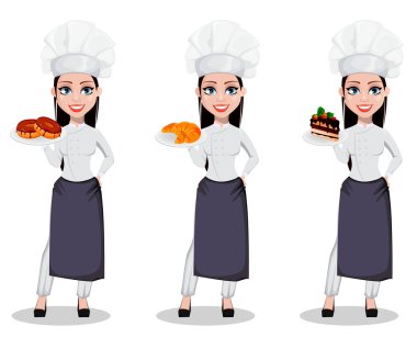 Güzel baker kadın profesyonel üniforma ve chef şapka, ayarla üç teşkil etmektedir. Çörek holding, kruvasan holding ve çocuk oyuncağı holding neşeli çizgi film karakteri. Vektör çizim