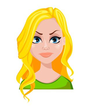 Sarışın kadınla öğrenci yüz ifadesi. Kadın duygu, hiç memnun kalmamıştı. Güzel çizgi film karakteri. Beyaz arka plan üzerinde izole vektör çizim.