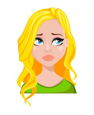 Sarışın kadınla öğrenci yüz ifadesi. Kadın duygu, üzgün. Güzel çizgi film karakteri. Beyaz arka plan üzerinde izole vektör çizim.