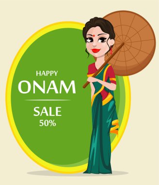 Onam kutlama. Hintli kadın şemsiye tutan geleneksel giysiler içinde. Kerala Mutlu Onam Festivali. Vektör çizim Satılık