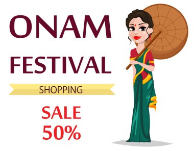 Onam kutlama. Hintli kadın şemsiye tutan geleneksel giysiler içinde. Kerala Mutlu Onam Festivali. Vektör çizim beyaz arka plan üzerinde Satılık