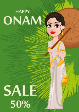 Onam kutlama. Hintli kadın şemsiye tutan geleneksel giysiler içinde. Kerala Mutlu Onam Festivali. Vektör çizim yeşil arka plan üzerinde Satılık