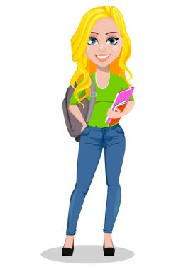 Mutlu öğrenci kitap ve sırt çantası ile. Güzel kadın çizgi film karakteri çalışmaya gider. Okula dönüş. Beyaz arka plan üzerinde vektör çizim.