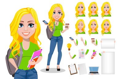 Sırt çantası, vücut parçaları, duygular ve şey, paket ile mutlu öğrenci kendi tasarımı oluşturmak. Güzel kadın çizgi film karakteri. Okula dönüş. Vektör çizim