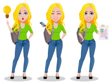 Sırt çantası, mutlu öğrenciyle ayarla üç teşkil etmektedir. İyi bir fikir sahip, akıllı telefon tutarak ve imzalı belge tutan güzel kadın çizgi film karakteri. Okula dönüş. Vektör çizim