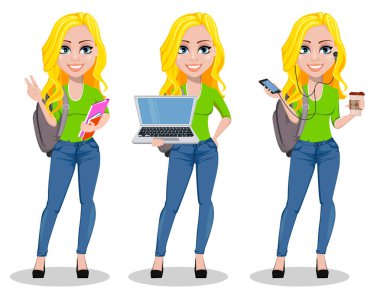 Sırt çantası, mutlu öğrenciyle ayarla üç teşkil etmektedir. Kitaplar holding, dizüstü holding ve holding smartphone ve kahve güzel kadın çizgi film karakteri. Okula dönüş. Vektör çizim