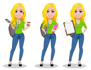Sırt çantası, mutlu öğrenciyle ayarla üç teşkil etmektedir. Smartphone ve kahve holding, kitap tutan ve Pano tutan güzel kadın çizgi film karakteri. Okula dönüş. Vektör çizim
