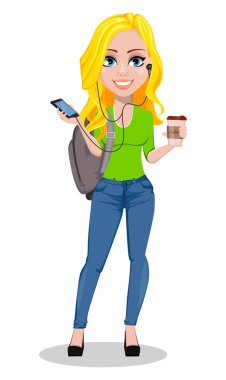 Mutlu öğrenci sırt çantası ile. Güzel kadın karikatür karakter holding smartphone. Okula dönüş. Beyaz arka plan üzerinde vektör çizim.
