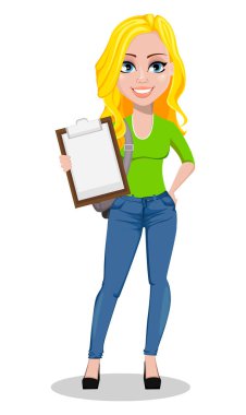 Mutlu öğrenci sırt çantası ile. Güzel kadın karikatür karakter holding Pano. Okula dönüş. Beyaz arka plan üzerinde vektör çizim.