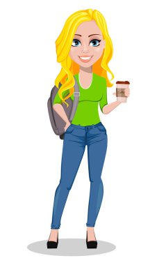 Mutlu öğrenci sırt çantası ile. Kahve tutan güzel kadın çizgi film karakteri. Okula dönüş. Beyaz arka plan üzerinde vektör çizim.