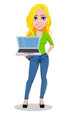 Mutlu öğrenci sırt çantası ile. Güzel kadın karikatür karakter holding laptop. Okula dönüş. Beyaz arka plan üzerinde vektör çizim.