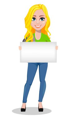 Mutlu öğrenci sırt çantası ile. Güzel kadın karikatür karakter holding boş tasarlamak. Okula dönüş. Beyaz arka plan üzerinde vektör çizim.