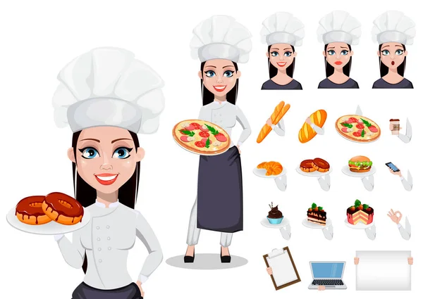 Hermosa Mujer Panadero Uniforme Profesional Sombrero Chef Conjunto Paquete Partes — Archivo Imágenes Vectoriales