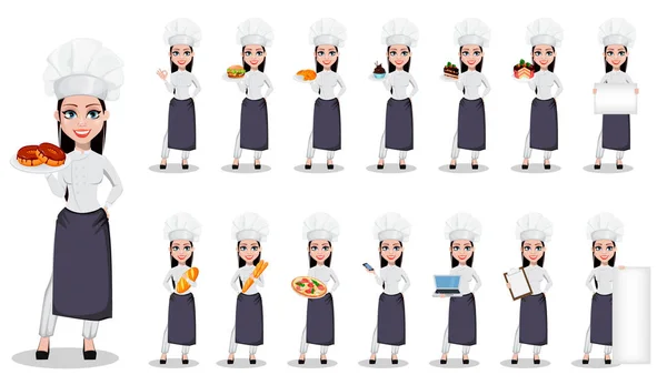 Güzel baker kadın profesyonel üniforma ve chef şapka, ayarla on beş teşkil etmektedir. Neşeli çizgi film karakteri. Beyaz arka plan üzerinde vektör çizim.