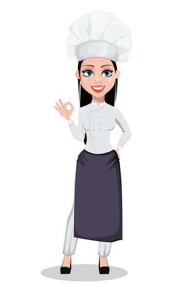 Hermosa Mujer Panadero Uniforme Profesional Sombrero Chef Que Muestra Signo — Vector de stock