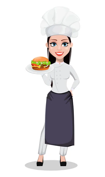 Mulher Padeiro Bonita Uniforme Profissional Chapéu Chef Segurando Cheeseburger Personagem — Vetor de Stock