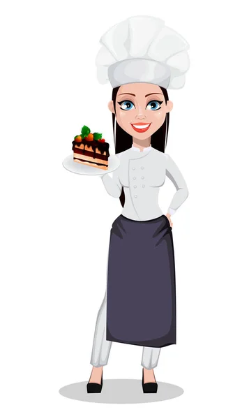 Belle Femme Boulangère Uniforme Professionnel Chapeau Chef Tenant Morceau Gâteau — Image vectorielle