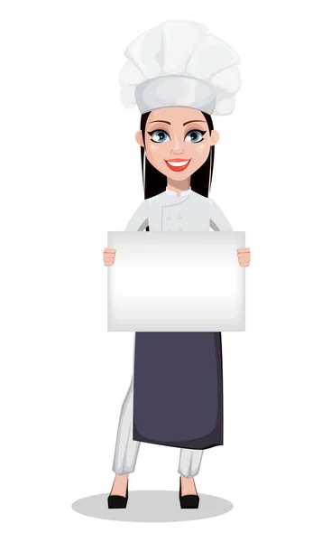 Bella Donna Panettiere Uniforme Professionale Cappello Chef Con Cartello Bianco — Vettoriale Stock