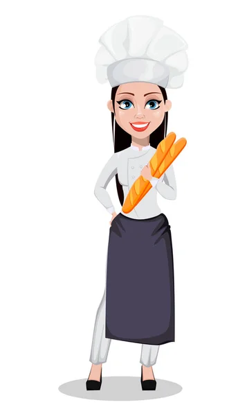 Hermosa Mujer Panadera Uniforme Profesional Sombrero Chef Con Baguettes Personaje — Vector de stock