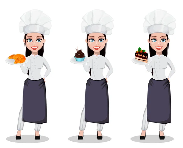 美丽的贝克妇女在专业制服和厨师帽 一套三体式 欢快的卡通人物持有牛角面包 抱着蛋糕和藏品蛋糕 矢量插图 — 图库矢量图片