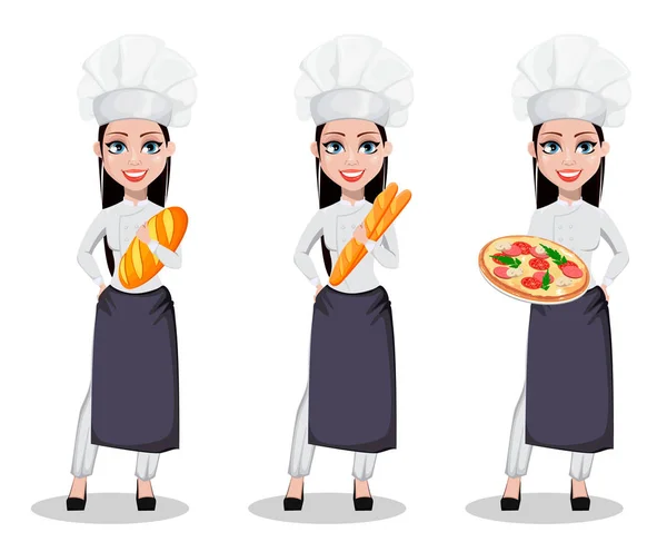 プロのユニフォームとシェフの帽子 美しいパン屋の女性は つのポーズのセット ピザの新鮮なパンを保持 バゲットを押し押しの陽気な漫画のキャラクター ベクトル図 — ストックベクタ