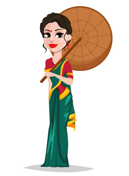 Indian Girl Umbrella Beautiful Lady Traditional Clothes Usable Pongal Onam — Stock Vector