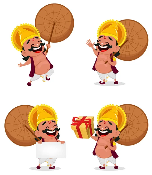 Celebración Onam Rey Mahabali Sosteniendo Paraguas Conjunto Cuatro Poses Feliz — Archivo Imágenes Vectoriales