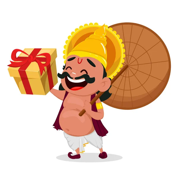 Onam Celebration King Mahabali Holding Umbrella Gift Box Cheerful Cartoon — Stock Vector