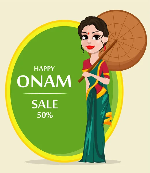 Celebración Onam Mujer India Con Ropa Tradicional Sosteniendo Paraguas Feliz — Vector de stock