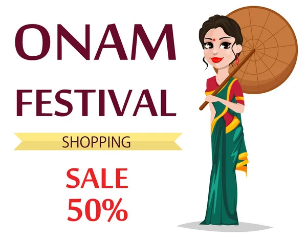Celebración Onam Mujer India Con Ropa Tradicional Sosteniendo Paraguas Feliz — Vector de stock
