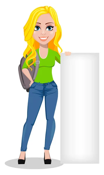 Glücklicher Student Mit Rucksack Schöne Weibliche Zeichentrickfigur Die Der Nähe — Stockvektor