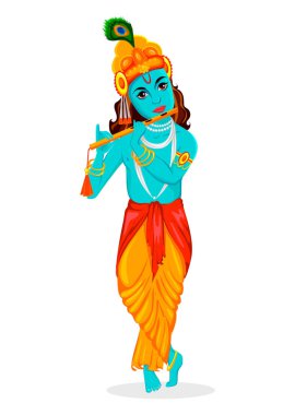 Mutlu Krishna Janmashtami tebrik kartı. Lord Krishna Hint Tanrı flüt çalış. Beyaz arka plan üzerinde vektör çizim.