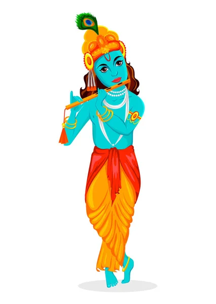 Mutlu Krishna Janmashtami Tebrik Kartı Lord Krishna Hint Tanrı Flüt — Stok Vektör