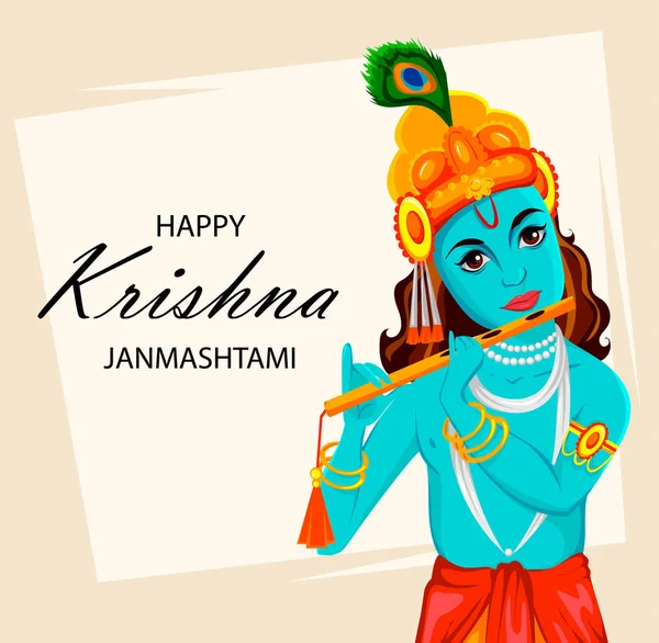 Mutlu Krishna Janmashtami Tebrik Kartı Lord Krishna Hint Tanrı Flüt — Stok Vektör