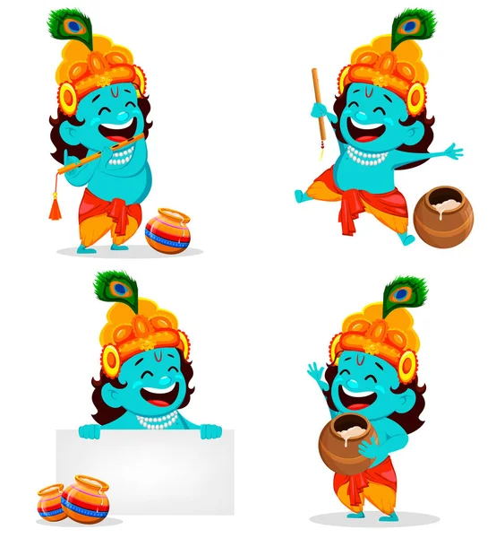 Happy Krishna Janmashtami Greeting Card Funny Cartoon Character Lord Krishna — Stock Vector